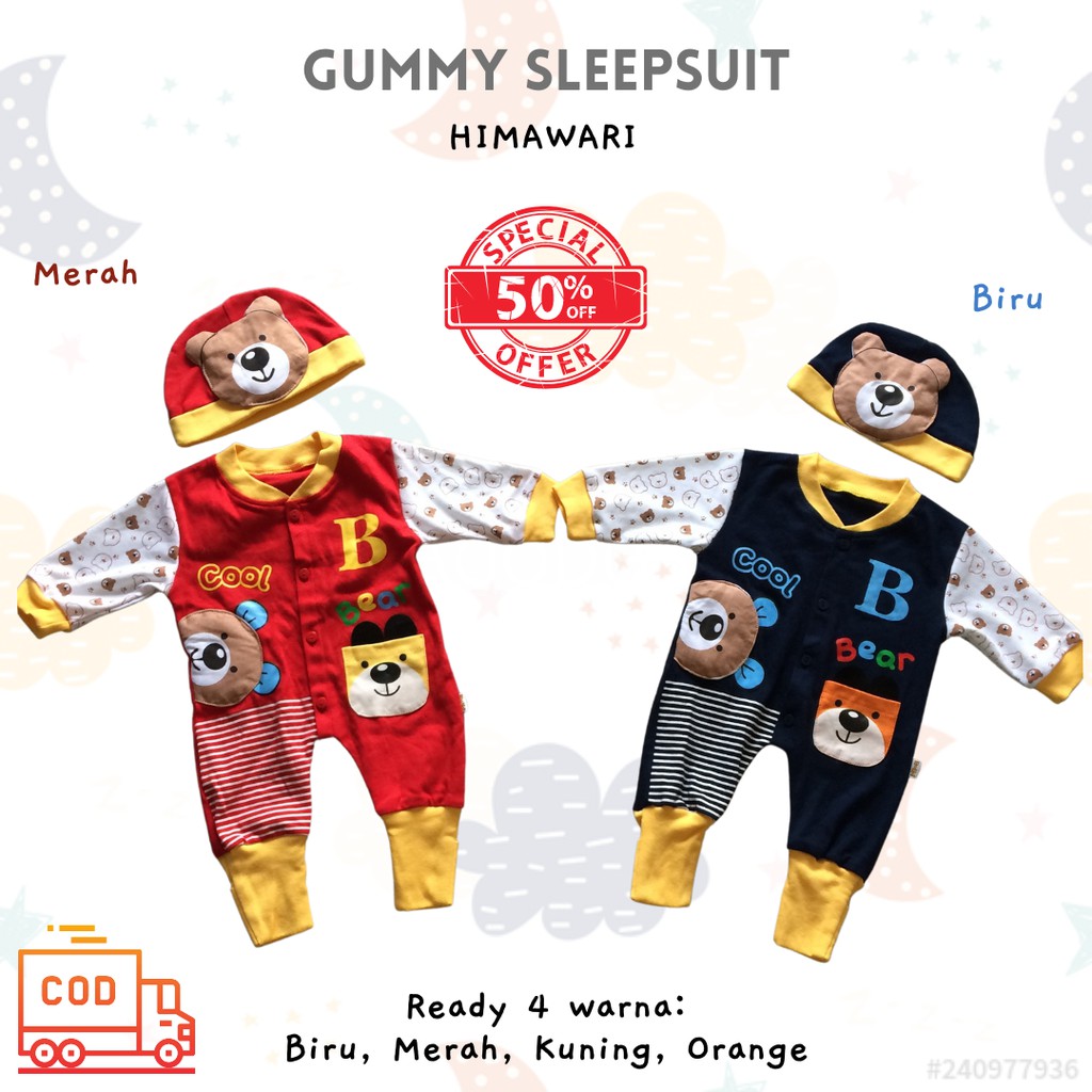 Sleepsuit HIMAWARI - Sleepsuit Bayi Sleepsuit Anak Jumper Anak Lengan Panjang Jumper Katun Free Topi