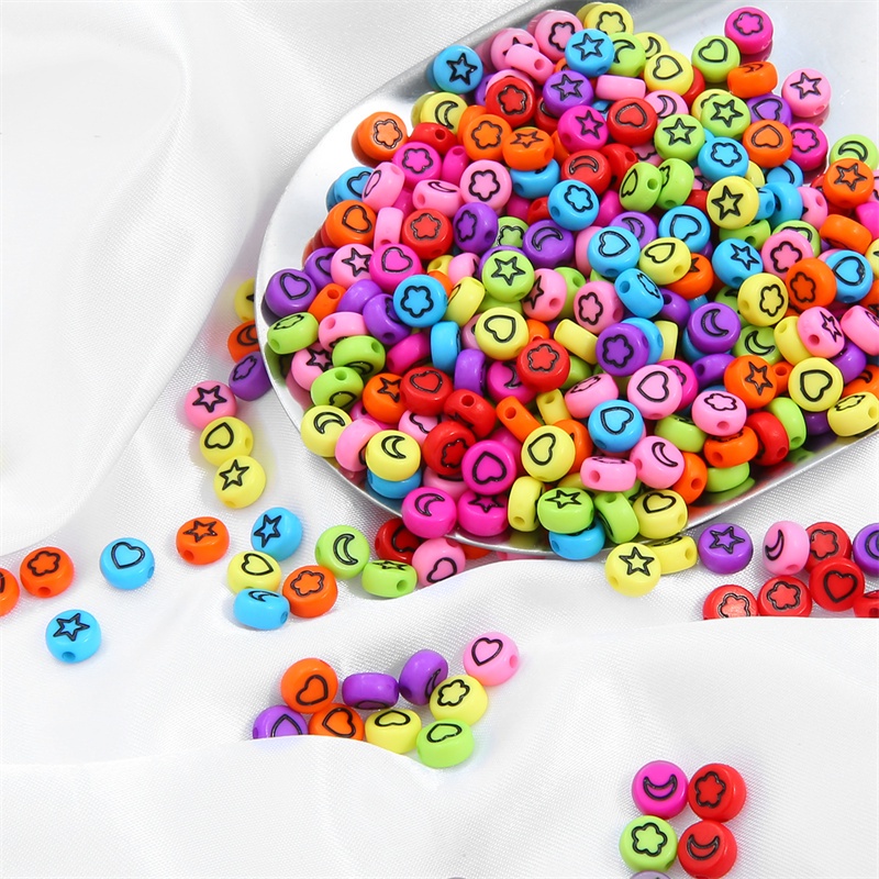 100pcs 7mm Colorful Mixed Flower Star Moon Heart Acrylic Beads Round Flat Loose Spacer Beads For Diy Jewelry Making Bracelet