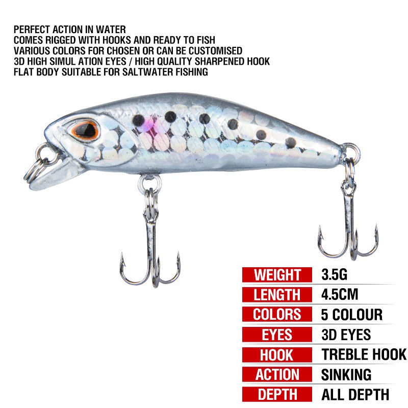 5pcs 3D Mata Ikan Kecil Tenggelam 2treble Hook Metal Minnow 3.5G /4.5Cm Memancing Umpan 5warna Umpan Pancing Semua Kedalaman Umpan Lure Double Fishing Ring Aksesoris Lure for Fishing