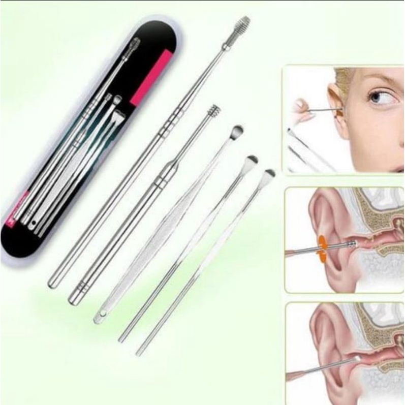 Perawatan Pembersih Telinga Korek Kuping Stainless Steel 5in1 / Alat Pembersih Telinga Ear Wax Picker 1Set 5pcs