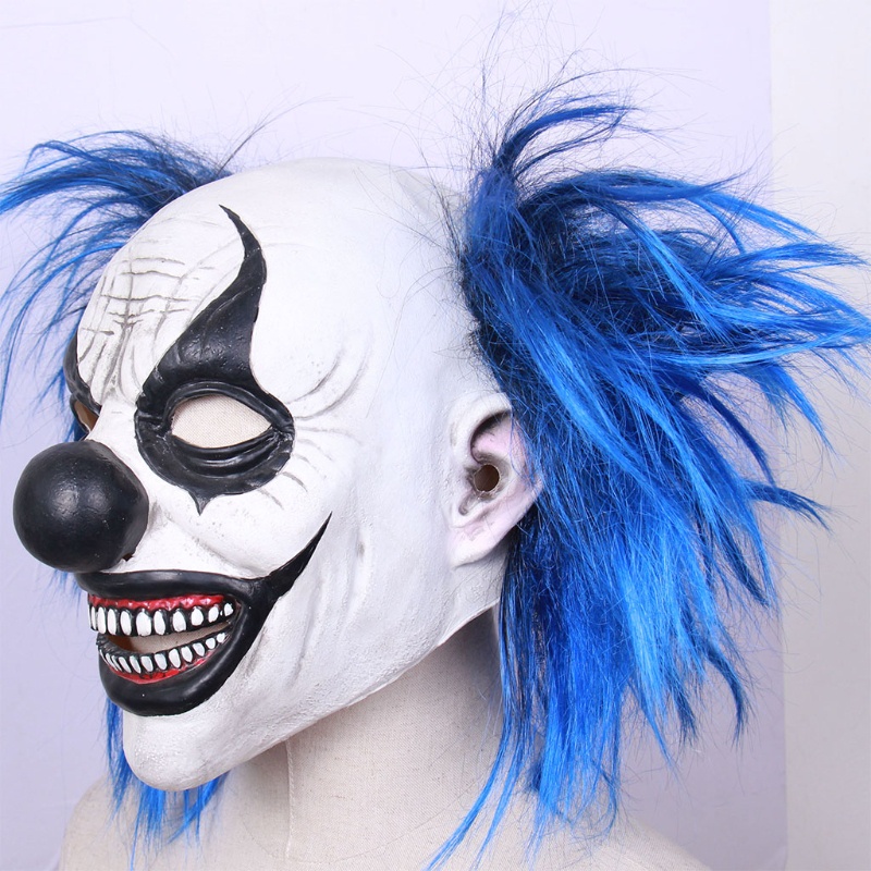 Topeng Badut Tersenyum Rambut Biru Bahan Latex Untuk Properti Halloween