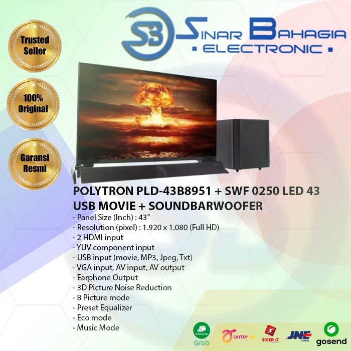 POLYTRON PLD-43B8951 + SWF 0250 LED 43 + USB MOVIE + SOUNDBARWOOFER GARANSI 5 TAHUN (NEW) (KHUSUS BA