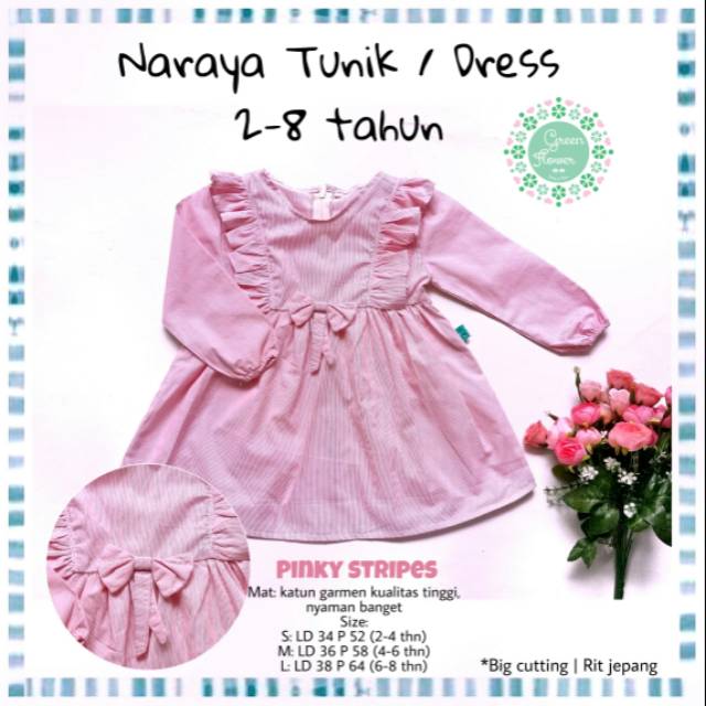 Dress / tunik lengan panjang anak perempuan usia PAUD TK SD motif salur katun pink