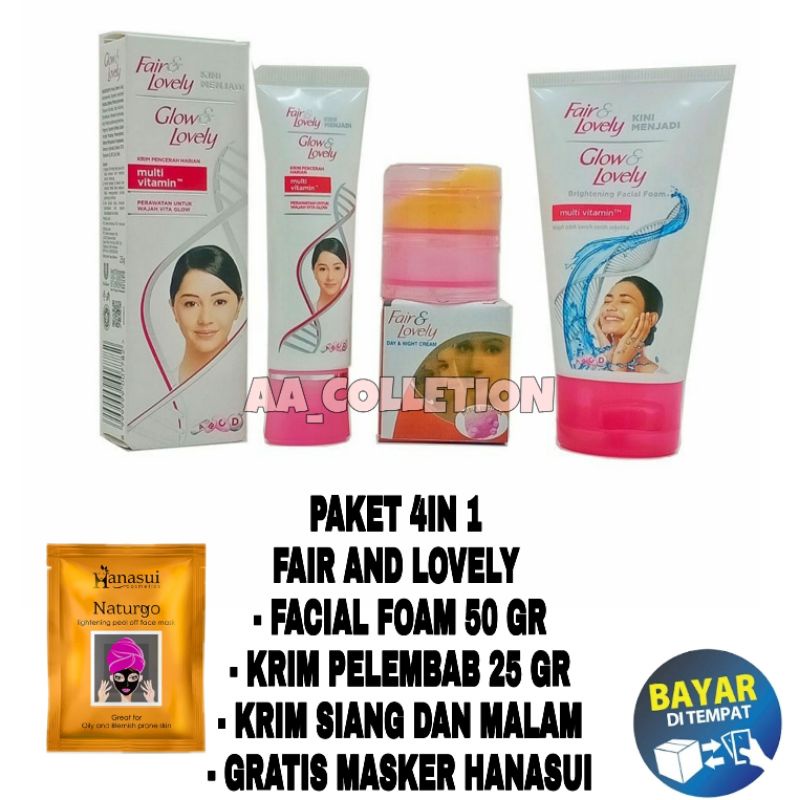 paket fair and lovely facial foam 50 g / pelembab 25 g / krim siang dan malam bpom gratis masker