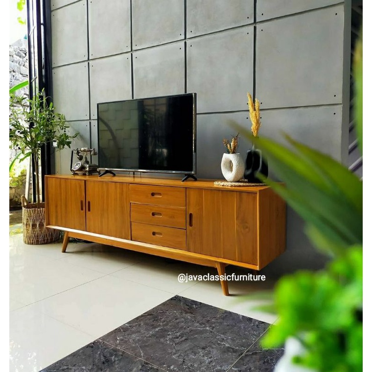 BUFET TV CABINET RETRO MINIMALIS VINTAGE CUSTOM PANJANG 2 METER BUFFET DRAWER PAJANGAN RUANG TAMU NATURAL MURAH BAHAN KAYU JATI GRADE A FURNITURE JEPARA-2