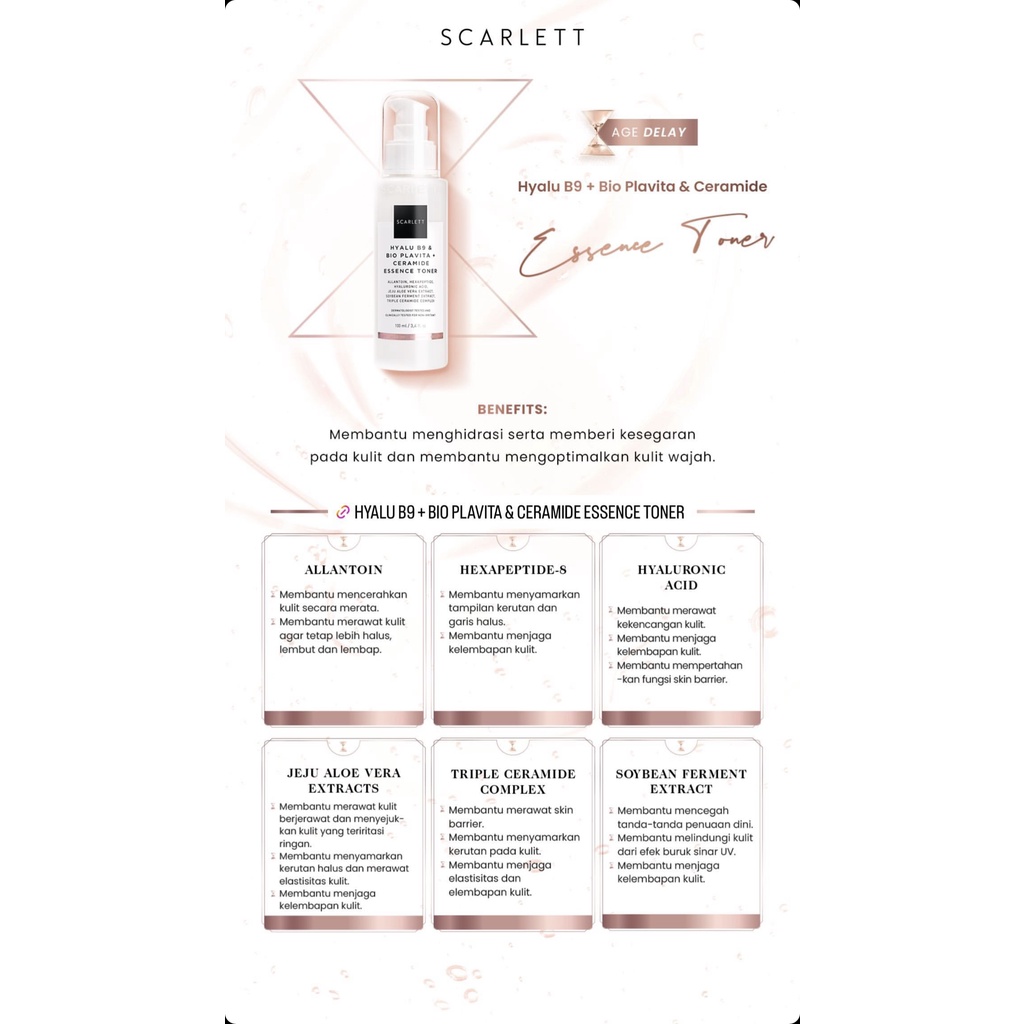 SCARLETT Whitening Hyalu B9 &amp; Bio Plavita + Ceramide Essence Toner Indonesia / Age Delay Series Skincare  Anti Aging / Face Care Pelembab Wajah / Cleanser Facial Wash Serum Day Night Eye Cream Moisturizer Sunscreen Mask / Body Brightly Acne Package Paket