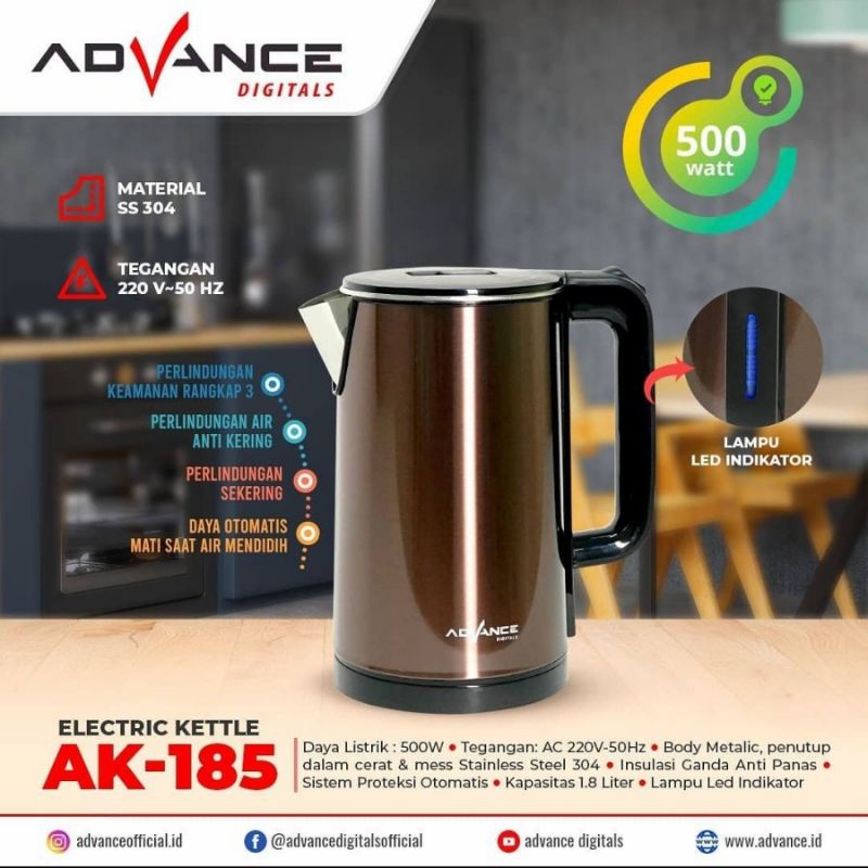 Teko Listrik Advance AK-185 - Pemanas Air Praktis dengan Indikator Transparan dan Penyimpanan Kabel