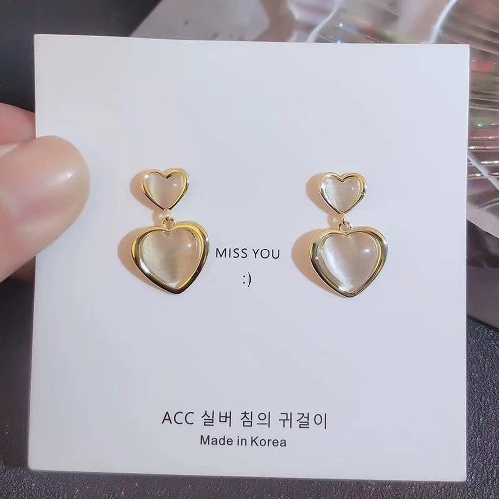 Opal Love Heart Earrings 925 Silver Needle Korean Simple Heart-shaped Earrings Women Jewelry Accessories