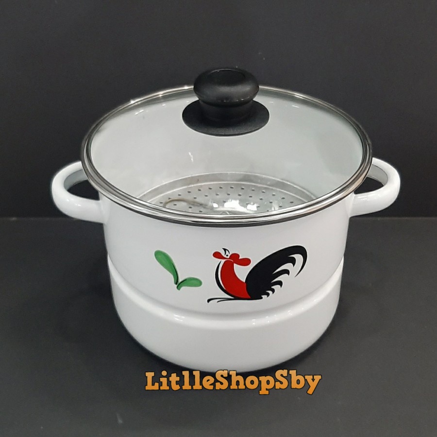 Dandang Kukusan Enamel Tutup Kaca Ayam Jago 20cm
