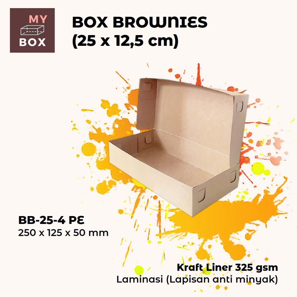 

BOX DUS KARDUS KOTAK BROWNIES BOLU KUE ROTI BOLEN MARTABAK NUGGET 25X12.5x5 KRAFT 325gsm LAMINASI