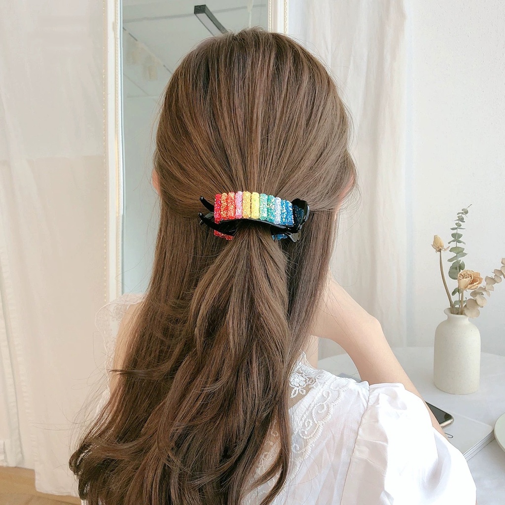 [ Women Sweet Rainbow Rhinestone Hair Claws ] [Ladies Korean INS Style Hair Clips] [Girls Elegant Shining Hair Grips]