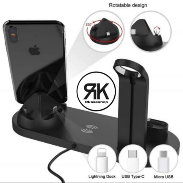 DOCK Wireless Charger Airpods apple watch iphone micro usb Type C airpod 6in1 - Fast Charging 15W Or