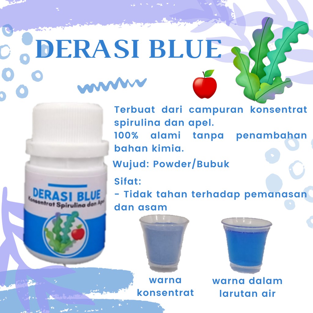 

Derasi Blue - Pewarna Makanan 100% Alami | Campuran Konsentrat Spirulina dan Apel | Biru