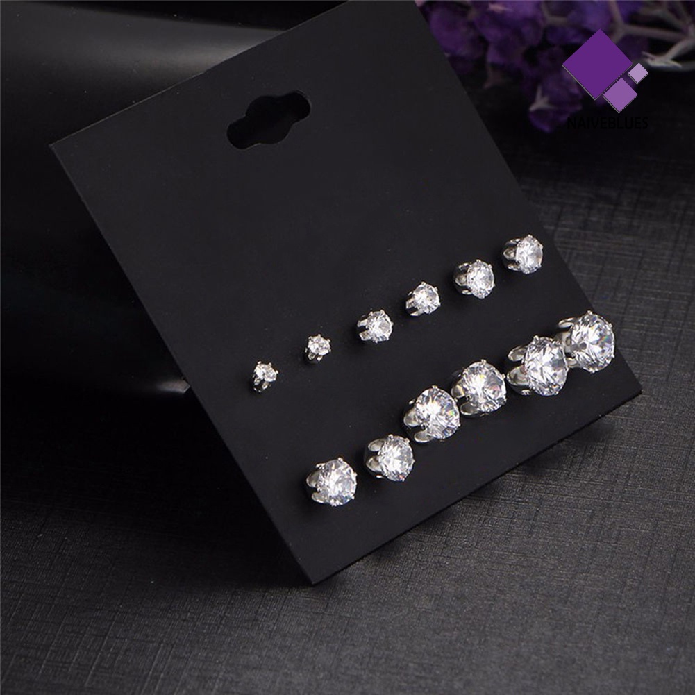 6 Pasang Anting Stud Cubic Zirconia Bentuk Mahkota Bulat Untuk Wanita