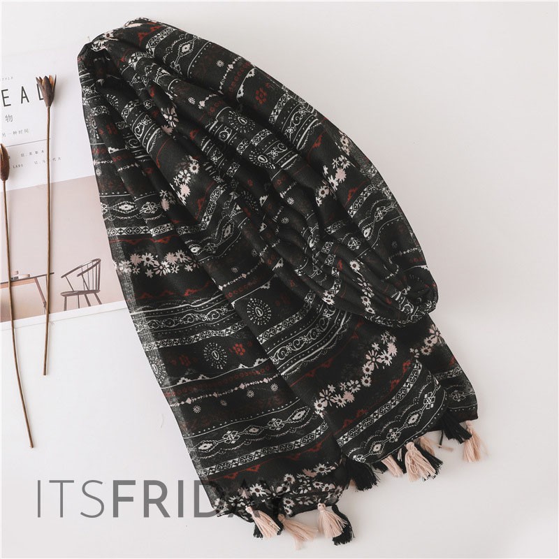 ITSFRIDAY AZURA Scarf  - Premium Pashmina Shawl Selendang Syal Pasmina Hijab Import Motif Oat Black Tassel