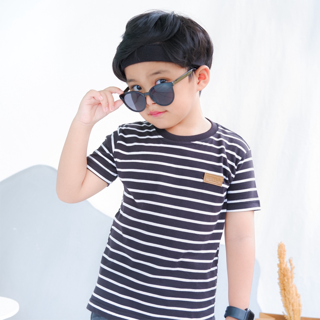 Kaos Stripe Garis Anak Laki Laki Perempuan Branded Unisex Original Premium | Mevla Kids - Uzuki Black