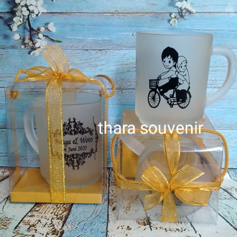 souvenir gelas pernikahan doff sablon gelas gagan doff sablon custom plus kemasan box mika