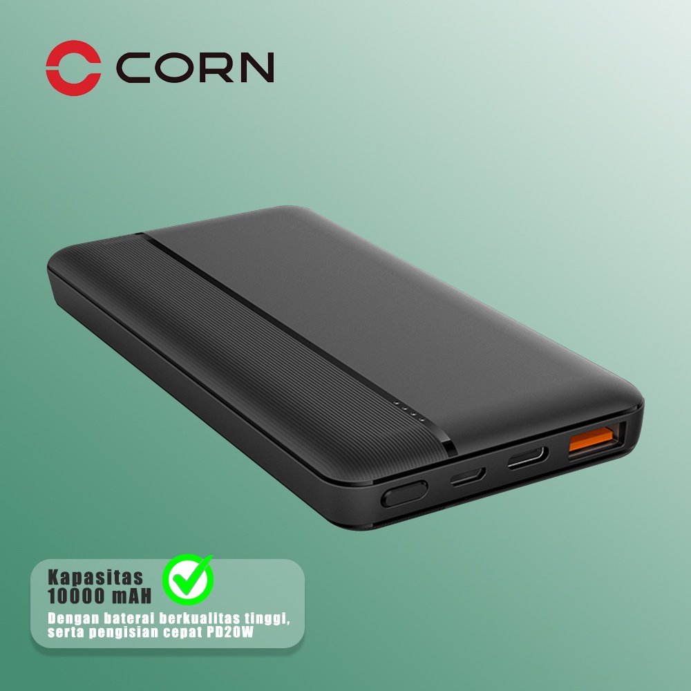 CORN DW019 Bank Daya 20W 10000mAh Powerbank Pengisian Cepat Ultra Tipis Ultrathin Body Dual Input Port Type C &amp; Micro USB Quick Charge 3.0 Fast Charging Real Capacity -Garansi Resmi 1 Tahun