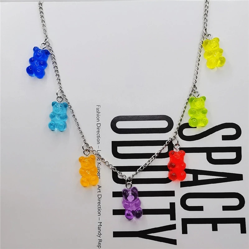 Kalung Rantai Choker Hias Liontin Beruang Gummy Warna Permen Gaya Korea Untuk Perempuan