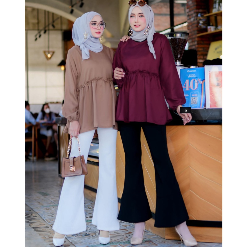 atasan blus wanita kerja kantor lengan panjang model longgar casual dengan motif kotak blus wanita j