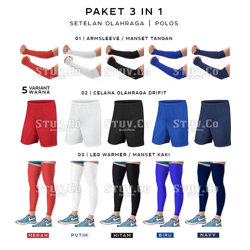 PAKET STELAN OLAHRAGA ARM SLEEVE LEG WARMER DAN CELANA PENDEK DRI FIT UNISEX MURAH