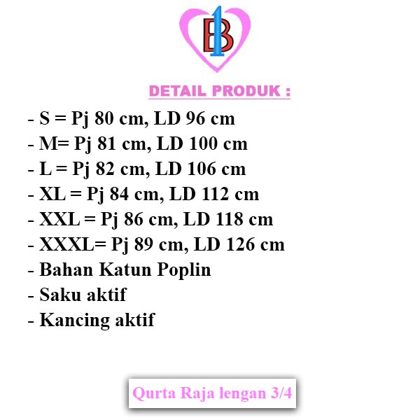 QURTA RAJA LENGAN 3/4 Katun Poplin,Terbaru- B1-Love-57351-59306-61207-63226-65276-67144-S-M-L-XL-XXL-XXXL