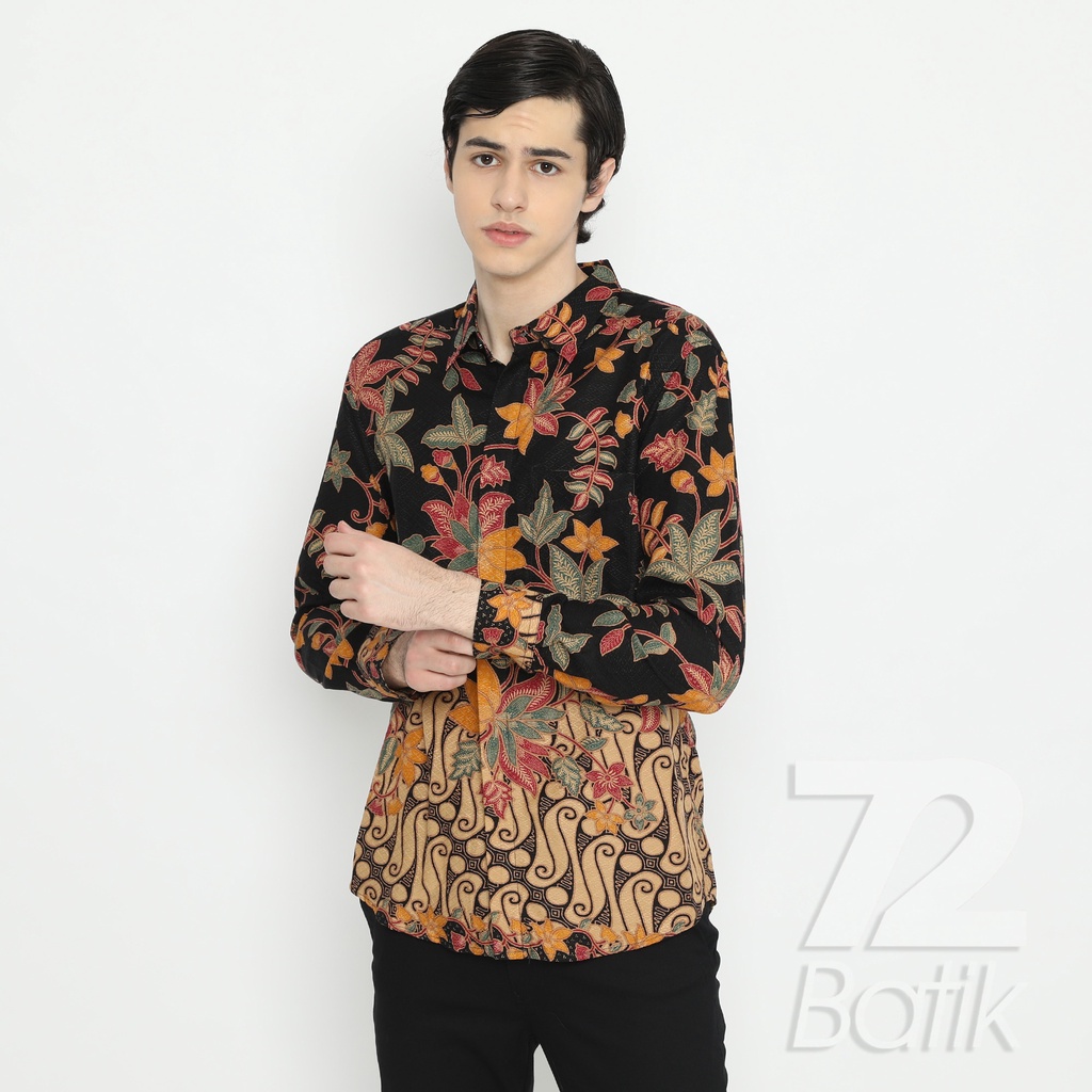 BATIK COUPLE MODERN  Kemeja Rok Lilit Instan Batik Pria Lengan Panjang Slimfit Premium Parang Merah Kuning Hitam 729773 Cap 72 - Baju Kemeja Atasan Pakaian Batik Couple Cople Pria Cowok Laki Laki Remaja Keluarga Lengan Panjang Modern Slimfit Kekinian