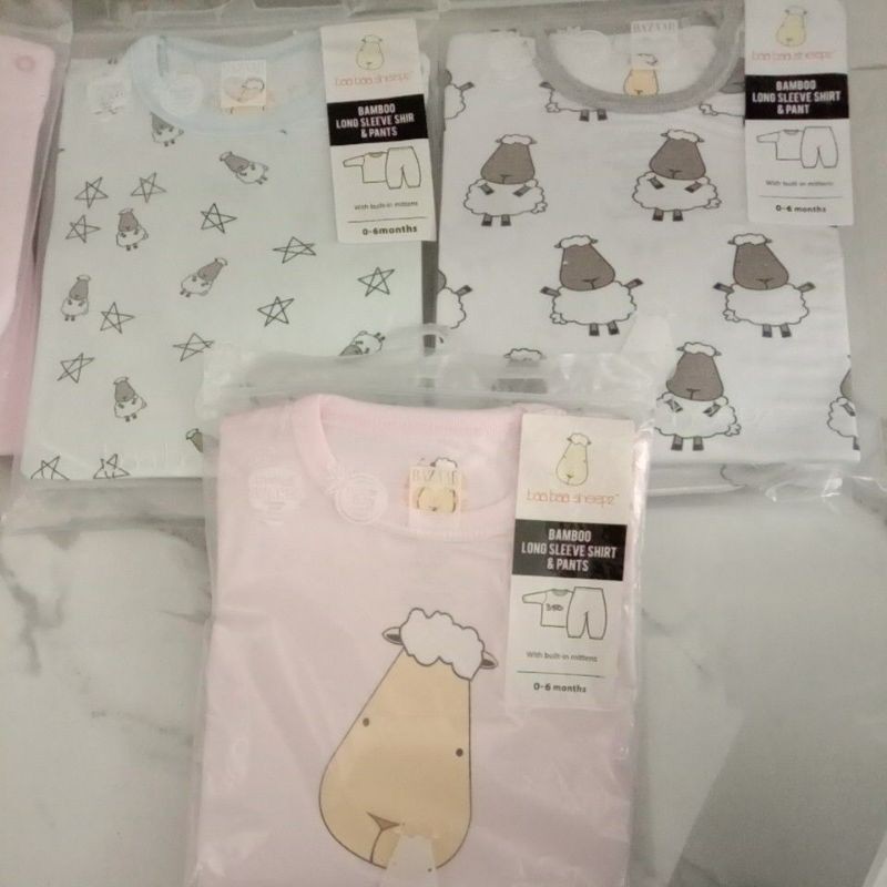 Baabaasheepz baju anak set cotton Bamboo lengan panjang bayi Long Sleves Shirt &amp; pants sheep baabaa