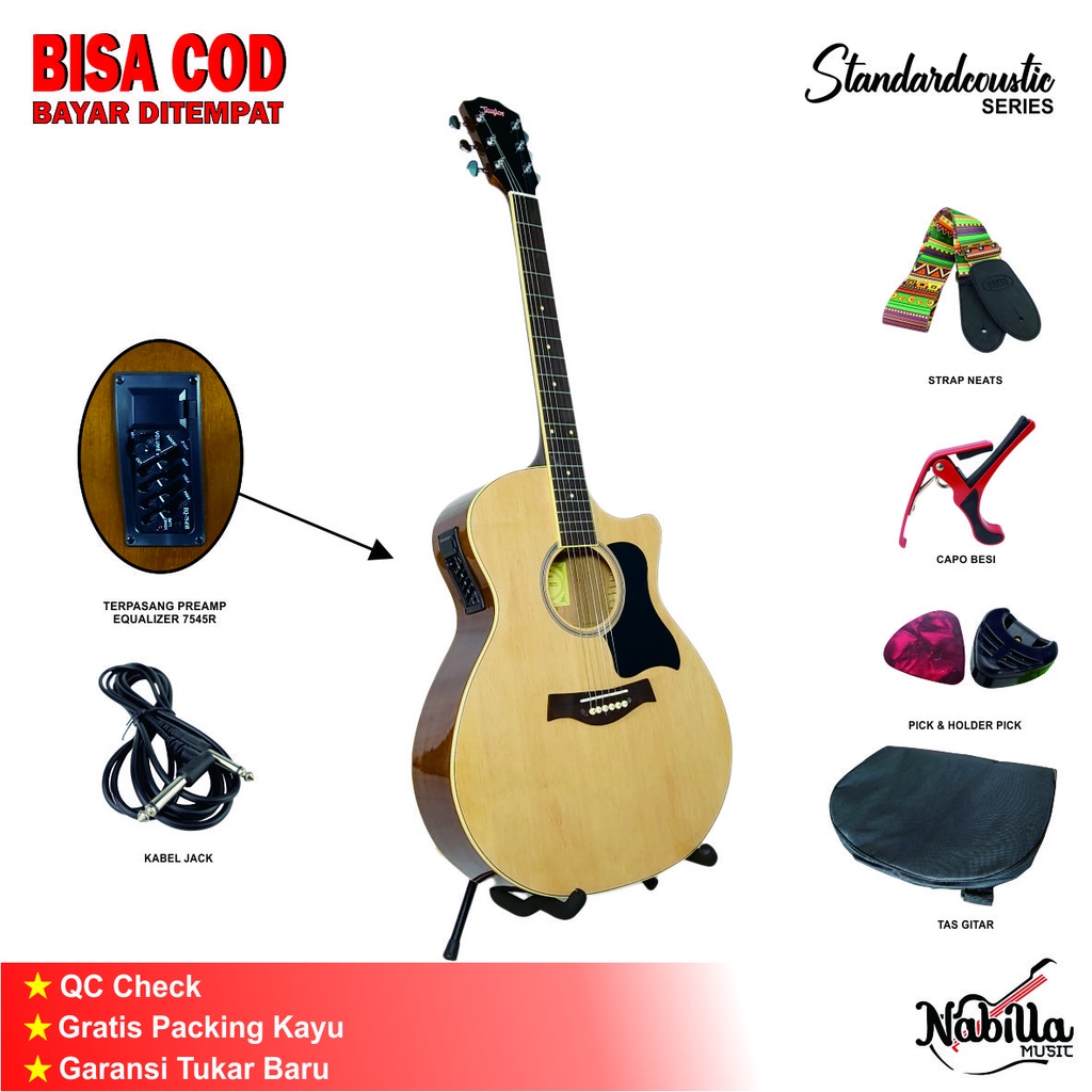Gitar Taylor Custom Akustik Elektrik Top Spruce Equalizer 7545R paket lengkap bonus packing kayu