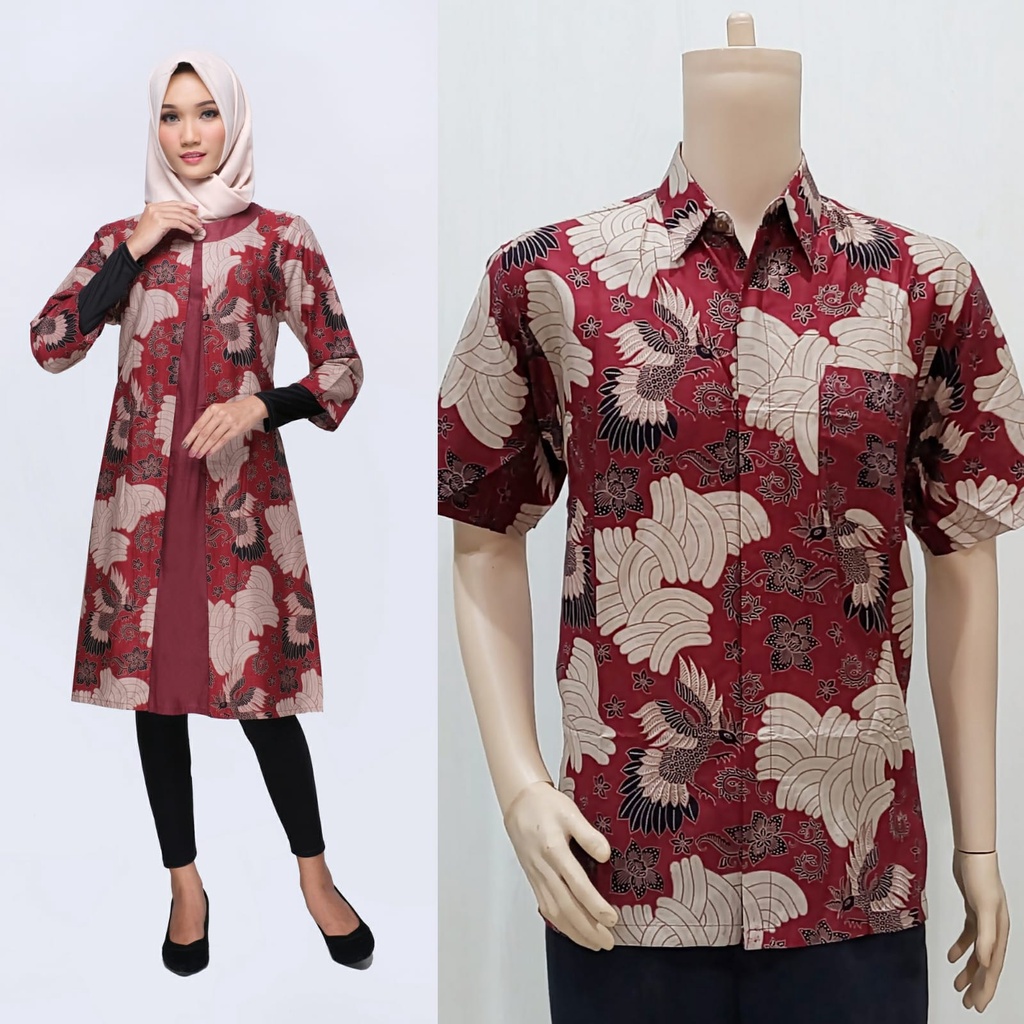 Set Couple Sarimbit Keluarga Lebaran Tunik Batik Muslim 2985 Merah