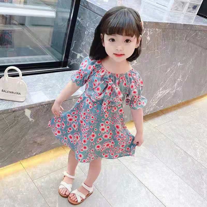 Dress Anak Perempuan Korean Fashion Floral Printed Short Sleeve Gaun