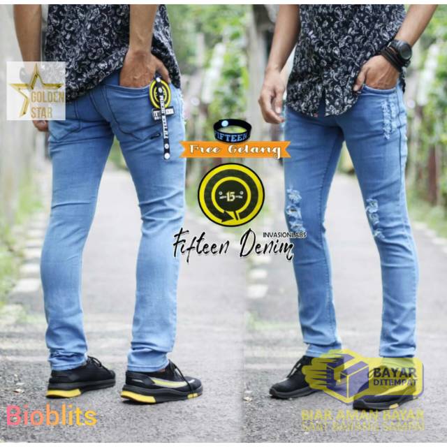 Celana jeans sobek ripped fifteen denim