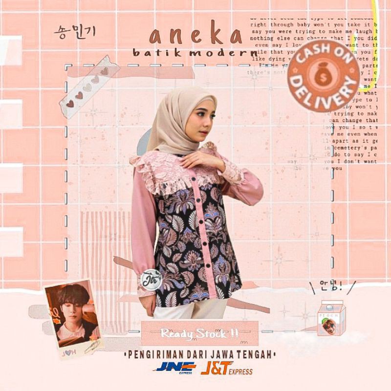 AVICENNA BLOUSE ATASAN BATIK WANITA LENGAN PANJANG WARNA PINK SALEM DUSTY KOMBI HITAM BIRU KERJA