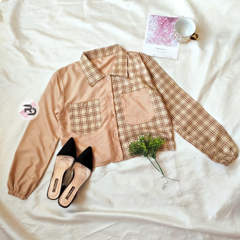 RD FASHION Mika Crop Top / KEMEJA CROP / kemeja TWO TONE / TARTAN KEMEJA CROP / TARTAN CROP-4