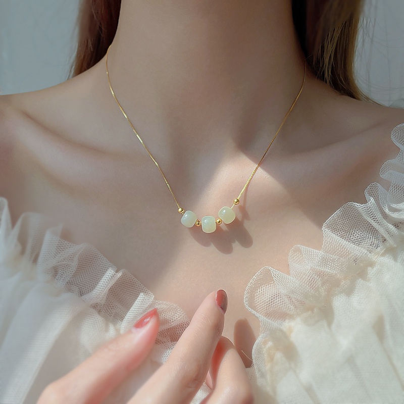 925 Silver Hetian Jade Necklace New Female Summer Clavicle Chain Advanced Ins Simple Design Accessories Gift