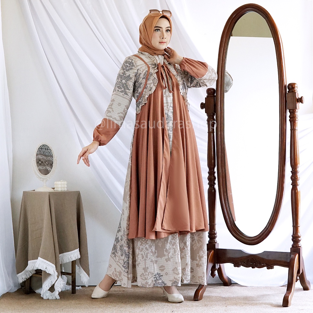 Gamis Salsa - Gamis Syari Wanita Lux Maxi Tali Ikat Depan Rok A Line Retsleting Depan Gamis Pesta Raya Lebaran 2022