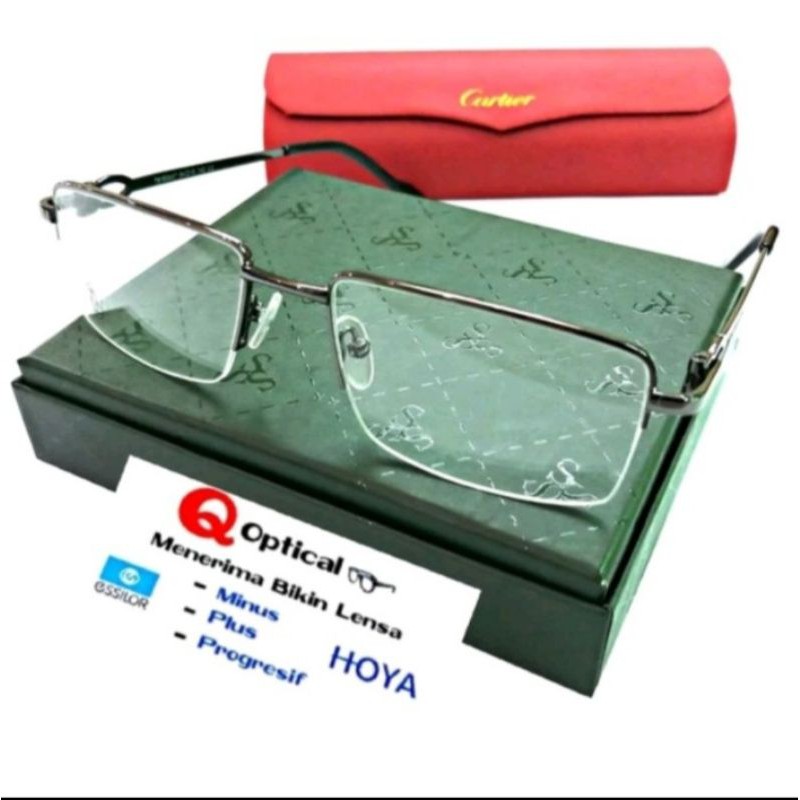 Frame Kacamata Minus Pria Cartier Col.02 S54 Pewter Brown Elegan - Model Half Frame