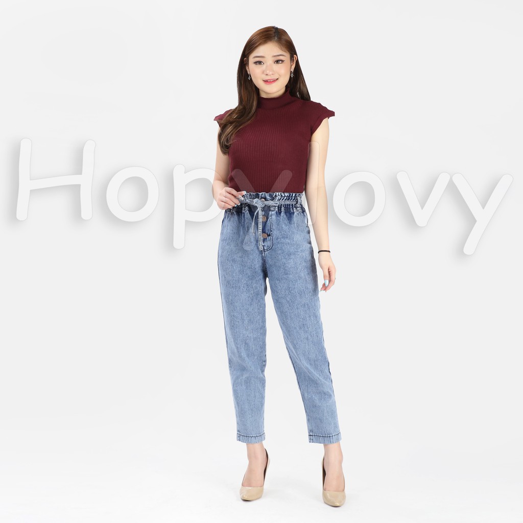 HOPYLOVY - Celana Boyfriend Jeans Wanita Pinggang Karet Baggy Ayuna