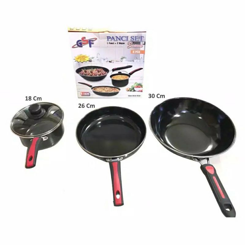 Panci ,  2630 ,  Panci Set Enamel   , Frypan Tutup kaca Wajan Wok Dan Saucepan