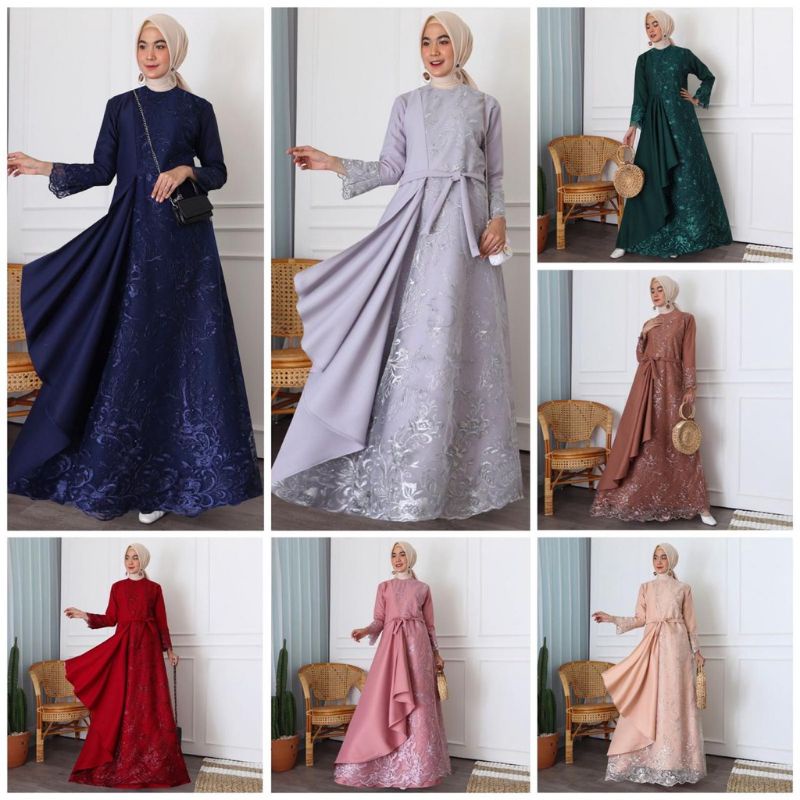 [TERLARIS] Bisa COD Gamis Mafaza Brokat Tile Bordir Maxi Dress Lebaran 2022 Mewah Brukat Tulle Baju 