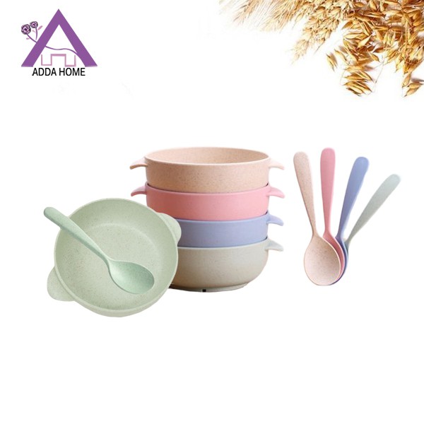 Adda Home - Set 2pcs - Mangkuk Anak Ada Pegangan Tangan Dan Sendok Wheat Straw Food Grade