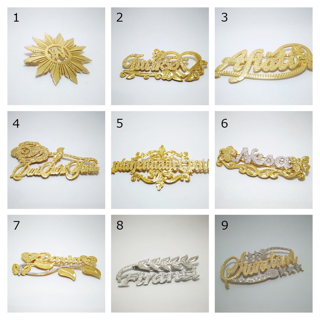 Bros Nama Custom Pin Peniti Lapis Emas Jilbab Kerudung Hijab Wanita Motif Ke 1 nama sendiri bisa req