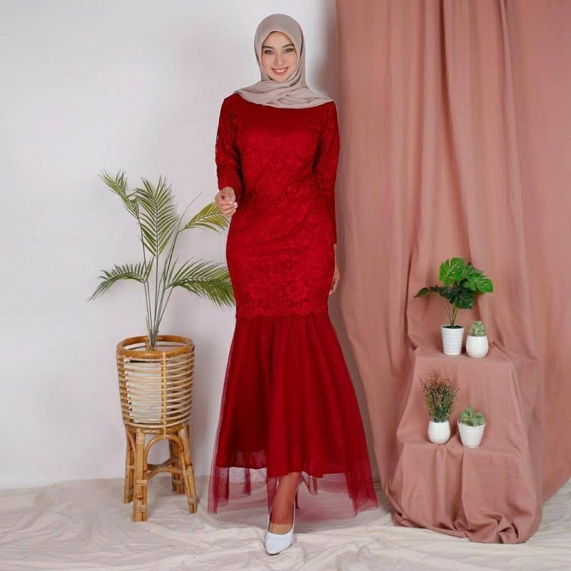 Gamis brukat dress pesta dress wanita brukat kombi tile baju kondangan dress duyung maxi duyung L XL