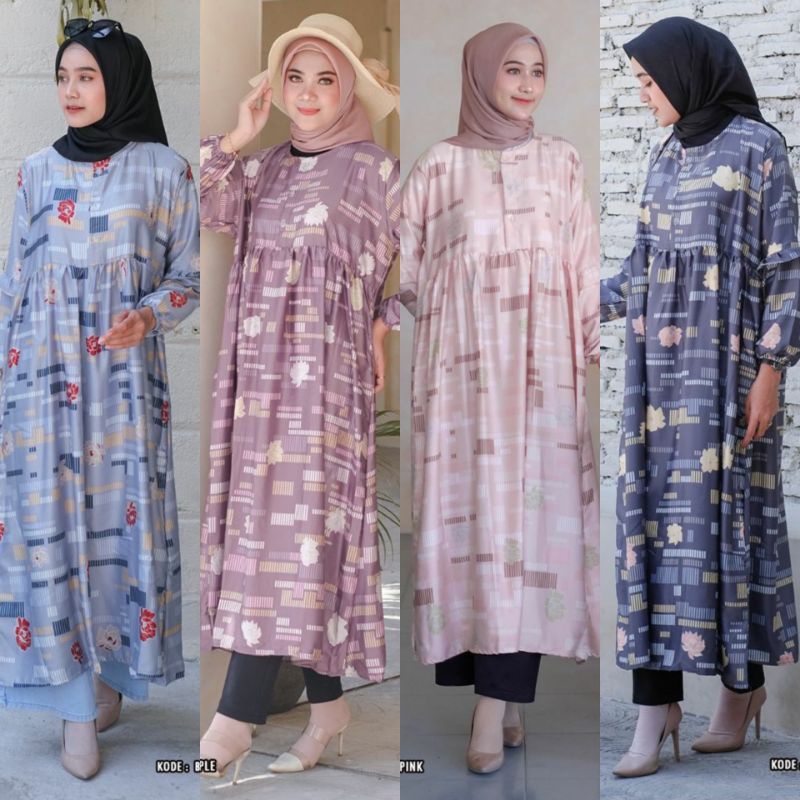 MARINA TUNIK BY VENTE | BAJU ATASAN LONG TUNIK JUMBO PREMIUM MOTIF ABSTRAK BUNGA OOTD MUSLIM KEKINIA