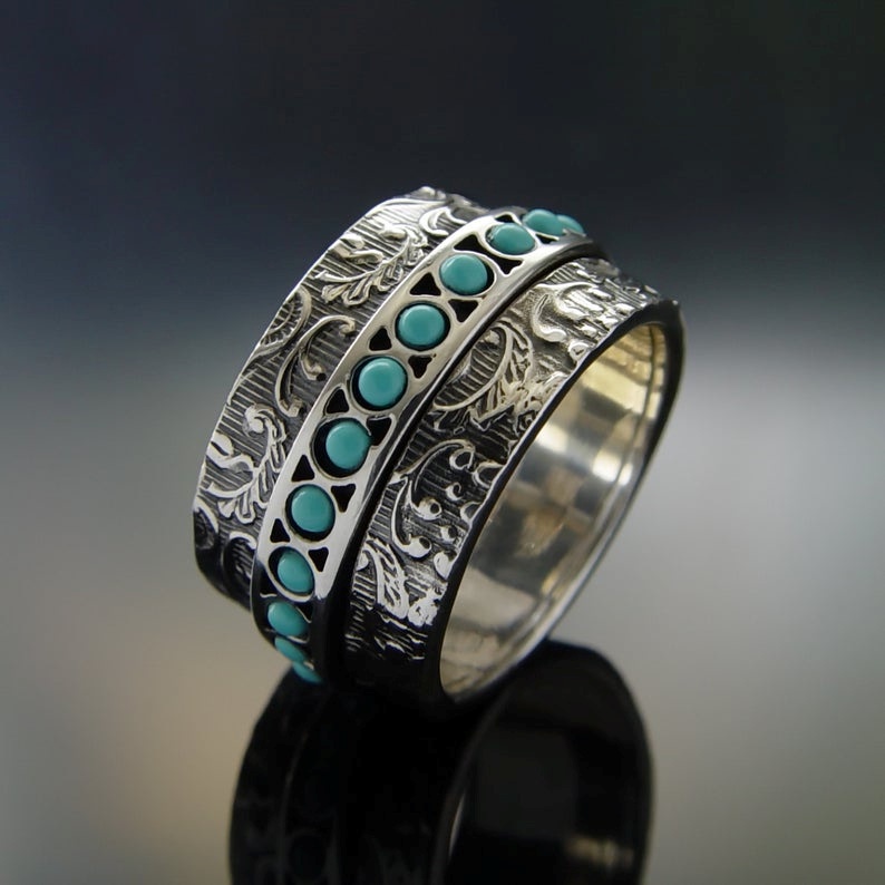 Cincin Bahan Perunggu Desain Emboss Hias Turquoise Biru Untuk Wanita