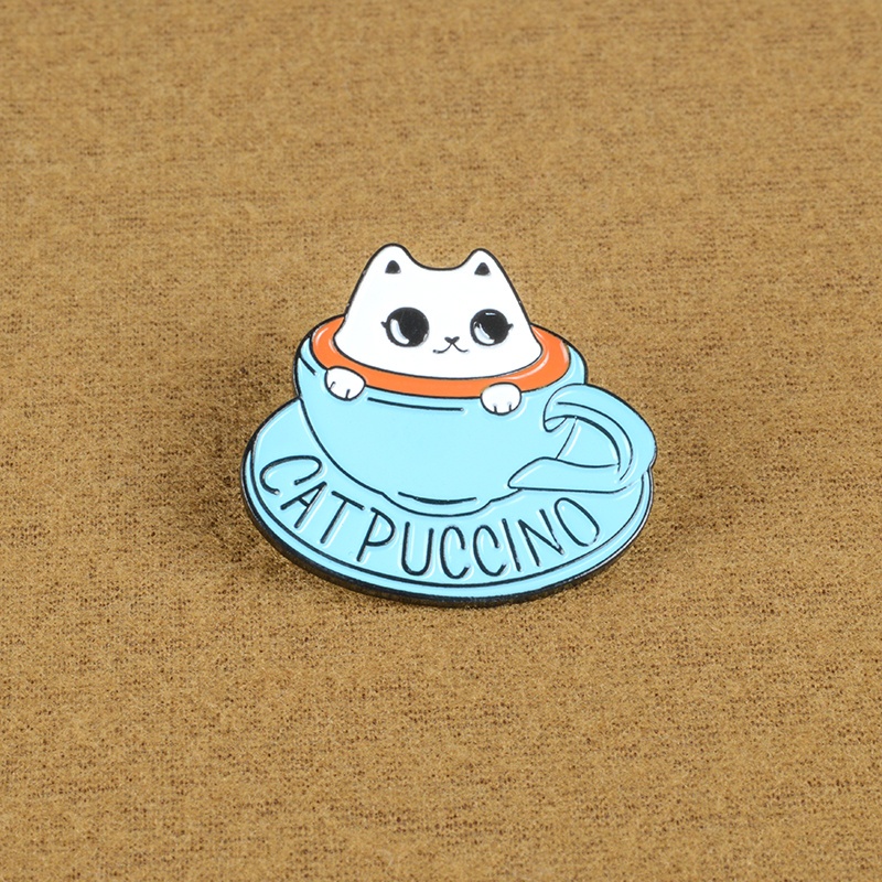 Bros Pin Enamel Desain Kartun Kucing Cangkir Kopi Untuk Kerah