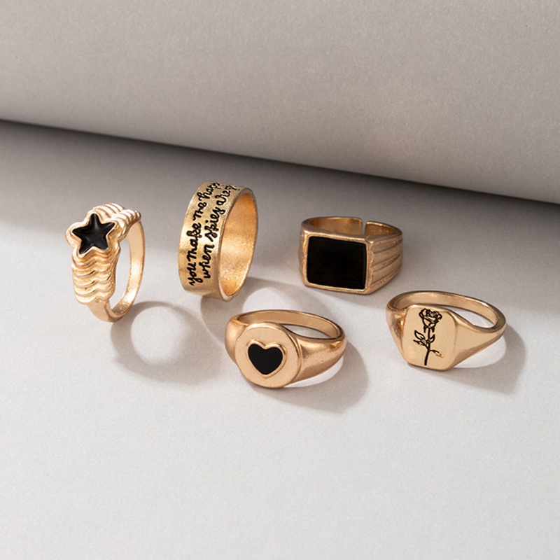 Fancyqube 5pcs / Set Cincin Rantai Emas Geometris Gaya Hip Hop Punk Untuk Wanita