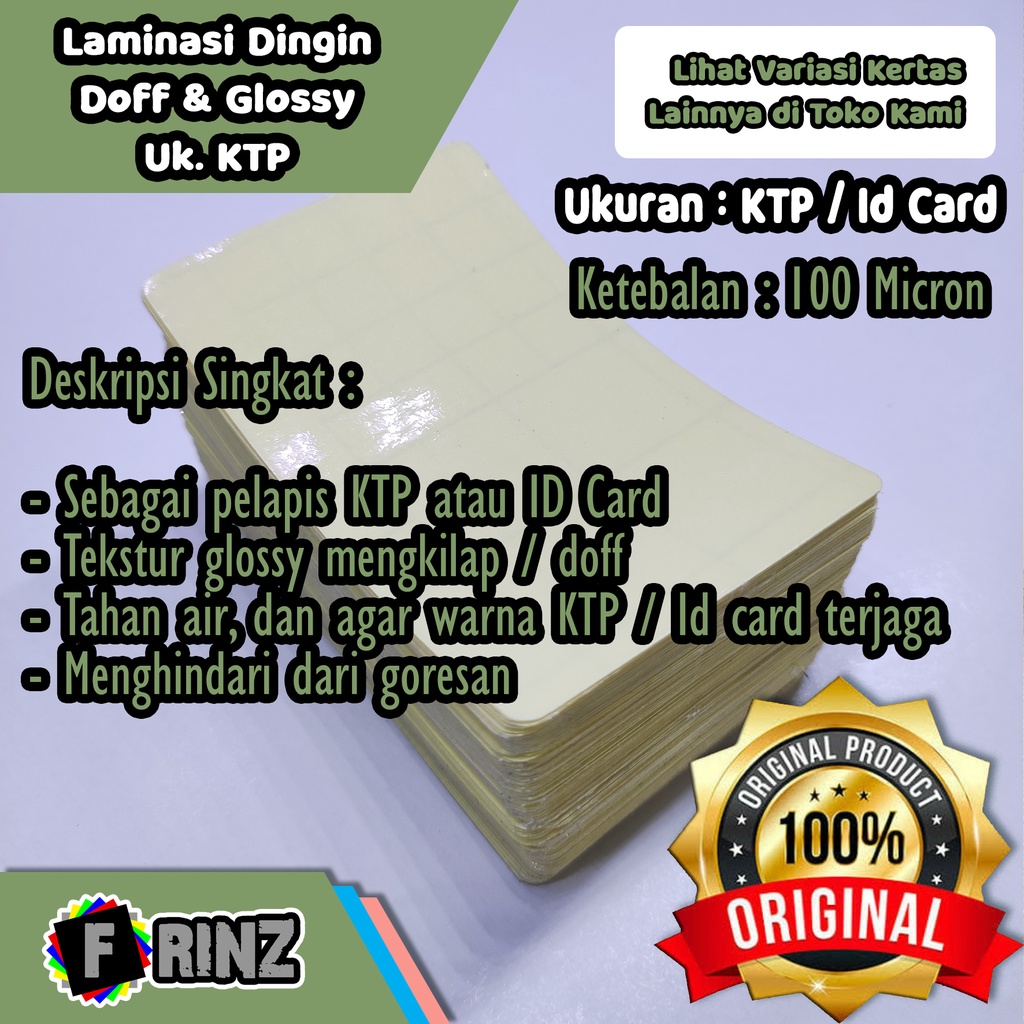 

Sticker Laminasi Dingin Glossy dan Doff KTP Laminating ID Card Tahan Air 100 Micron