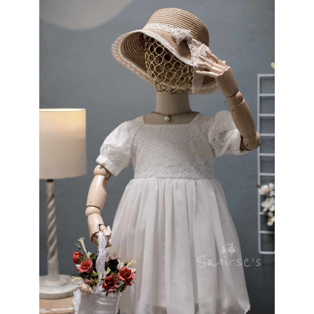 Saoirse's Endelyn White Dress - baju brukat putih anak perempuan