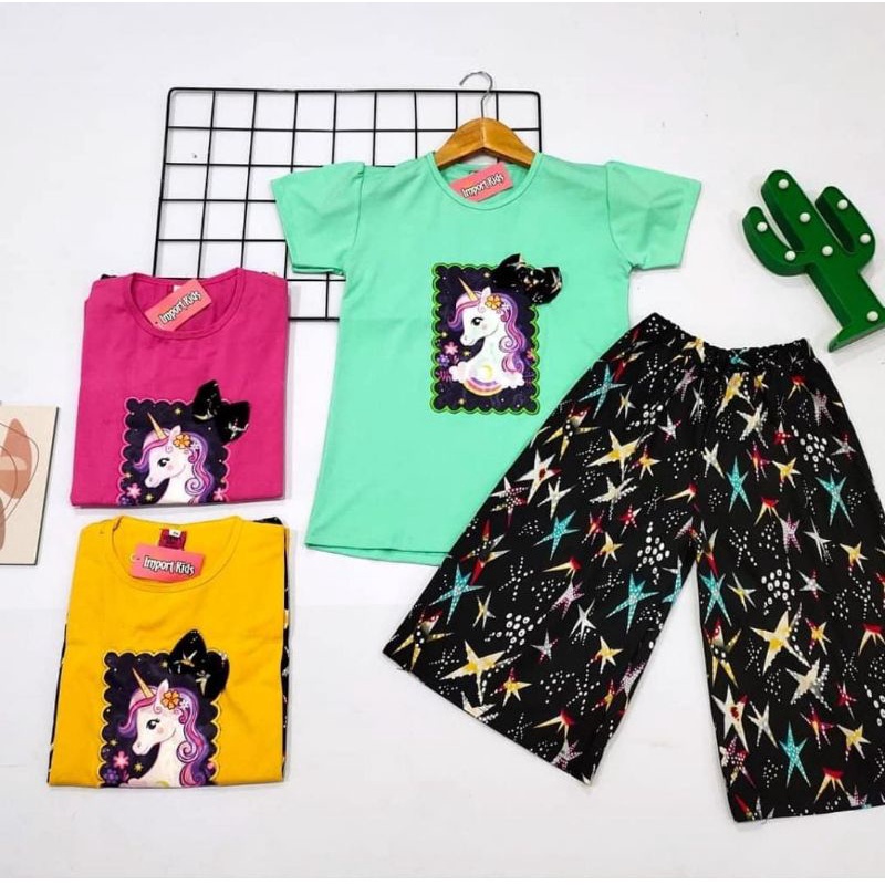 Setelan anak perempuan atasan jins cherry import 1-5 tahun/ Baju Setelan kaos celana Jeans cutbray anak cewek tanggung